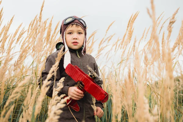 Çocuk gökyüzüne, hayal ve kırmızı bir uçak holding ararken uzun otların arasında duruyor