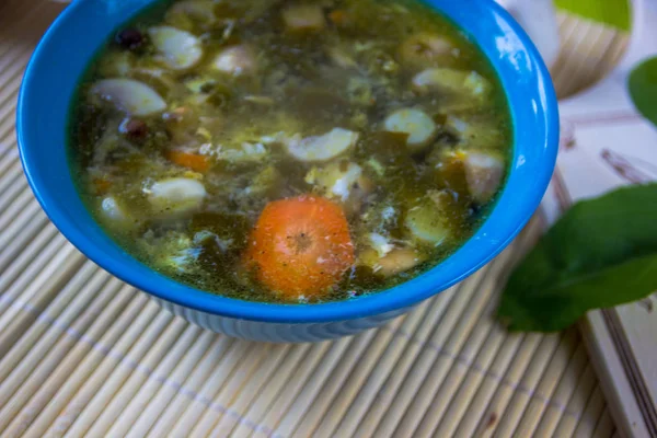 Sorrel green russian soup in the blue bowl — Stock Photo, Image