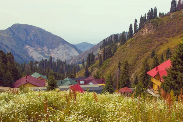 Tien Shan gebergte Shymbulak skigebied op zomertijd, Almaty, — Stockfoto