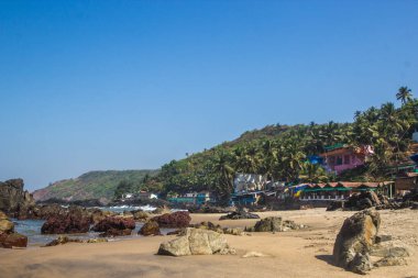 Arambol plaj taşlar, palmiyeler ve evler, Goa, Hindistan