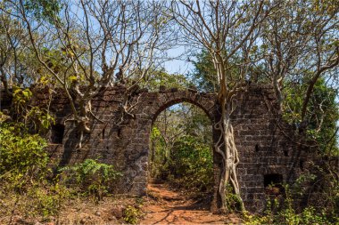 Antik kale duvarı arch. Redi Kalesi (Yashwantgad Fort). IND