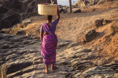 Goa, Hindistan - 4 Mart: Kadında saris ile onun baş wal üzerinde sepet