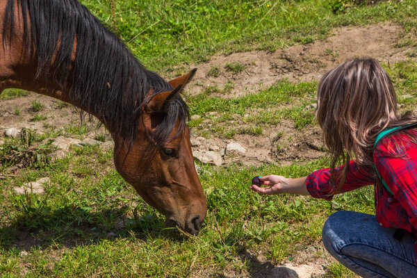 Young woman and horse in summer, Almaty, Kazakhstan