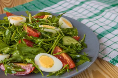 Roka, domates, yumurta ve salatalık ile taze yeşil salata