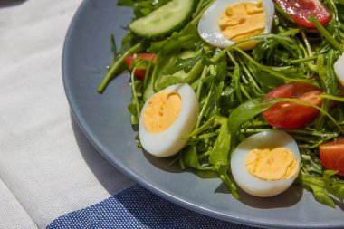 Roka, domates, yumurta ve salatalık ile taze yeşil salata