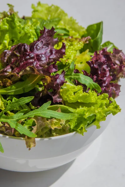 Листья салата, фиолетовый салат, шпинат, руккола. Смешанная свежая сала — стоковое фото