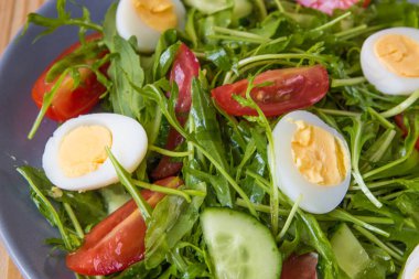 Roka, domates, yumurta ve salatalık ile taze yeşil salata