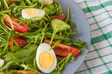 Roka, domates, yumurta ve salatalık ile taze yeşil salata