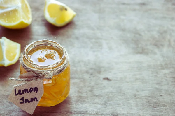 Homemade lemon jam in glass jar. Organic fresh yellow jam — Stock Photo, Image