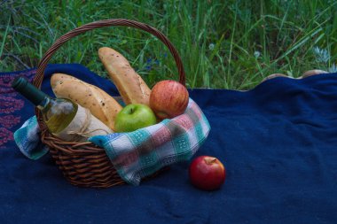 Doğada mavi halıda piknik sepeti. Sarı çiçekler, Uygula