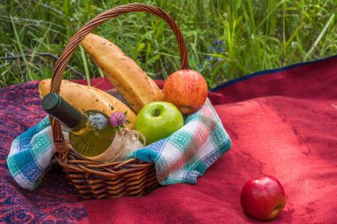 Doğa, kırmızı paket üzerinde piknik sepeti. Elma, beyaz şarap bir
