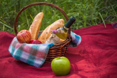 Doğa, kırmızı paket üzerinde piknik sepeti. Elma, beyaz şarap bir