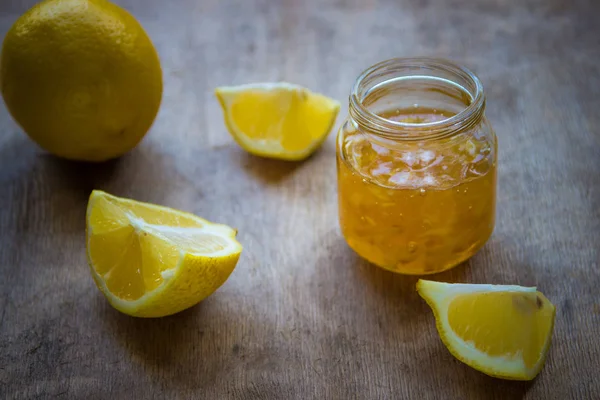 Homemade lemon jam in glass jar. Organic fresh yellow jam — Stock Photo, Image