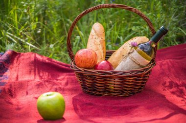 Doğa, kırmızı paket üzerinde piknik sepeti. Elma, beyaz şarap bir
