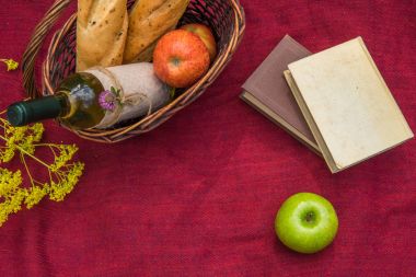 Piknik sepeti kırmızı battaniye üstten görünüm üzerinde. Elma, beyaz şarap, b