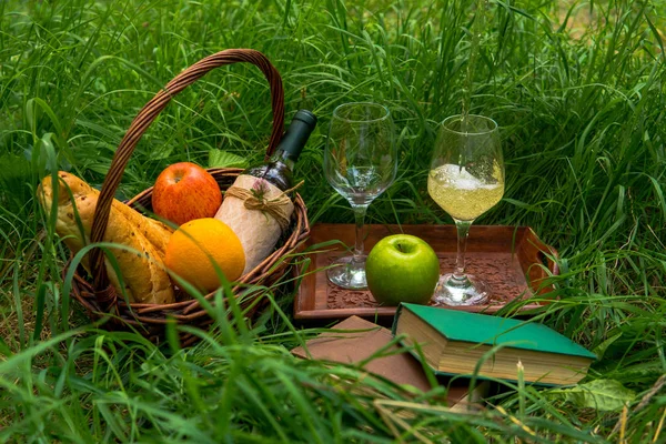 Корзина для пикника с едой, вином и книгами на зеленой траве — стоковое фото