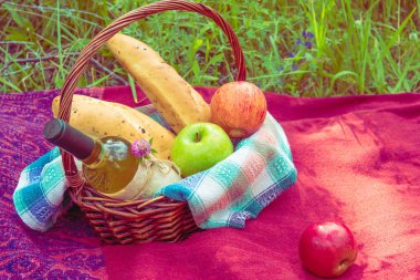Doğa, kırmızı paket üzerinde piknik sepeti. Elma, beyaz şarap bir