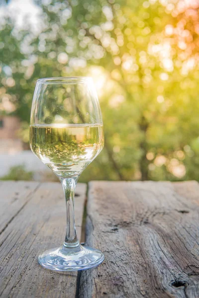 Белое вино на деревянной доске в саду — стоковое фото