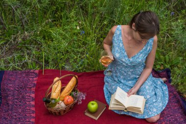 Bir piknik romantik mavi elbiseli genç kadın. Kız okuma 