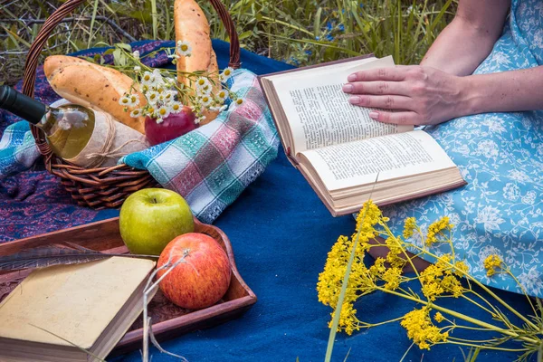 Picnic in nature at summer. Young woman in romantic blue dress i — Stock Photo, Image