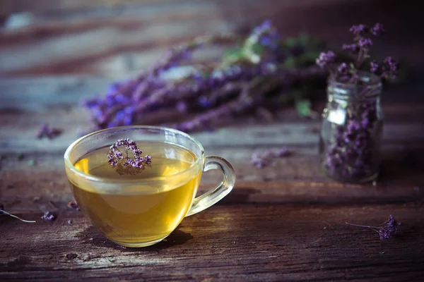 Zöld tea gyógynövényeket. Tea-fa háttere a Oregano — Stock Fotó