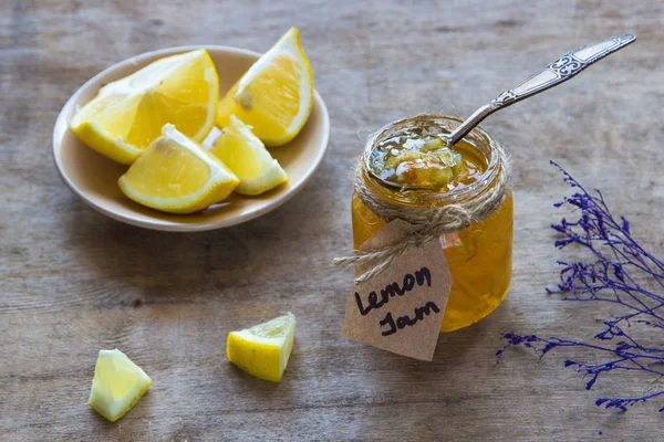 Homemade lemon jam in glass jar. Organic fresh yellow jam — Stock Photo, Image