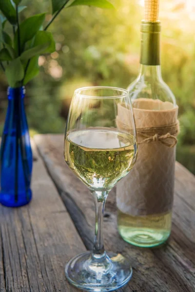 Белое вино на деревянной доске в саду — стоковое фото
