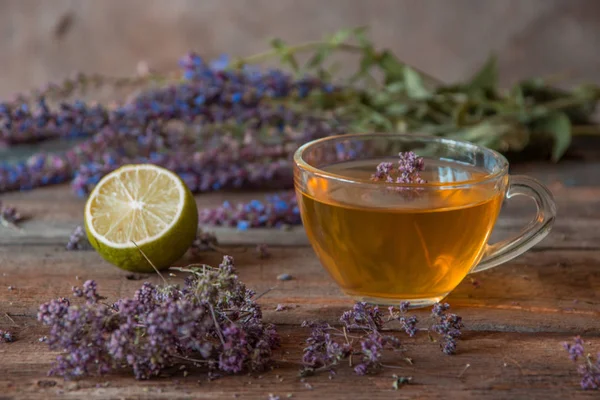 Green tea with herbals and lime. Tea with oregano on the wooden — Stock Photo, Image
