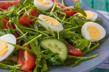 Roka, domates, yumurta ve salatalık ile taze yeşil salata