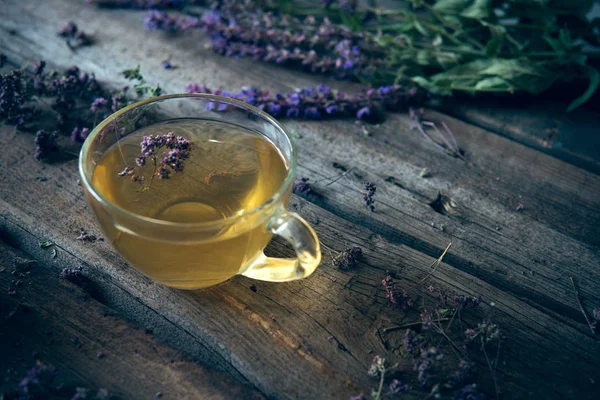 Green tea with herbals. Tea with oregano on the wooden backgroun — Stock Photo, Image