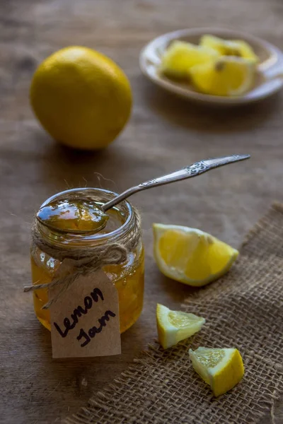 Homemade lemon jam in glass jar. Organic fresh yellow jam — Stock Photo, Image