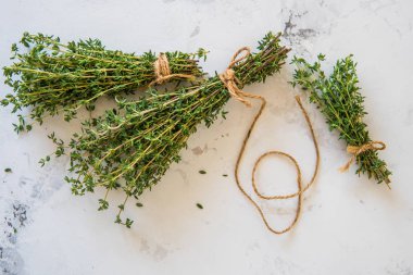 Beyaz zemin üzerine kekik. Bir demet taze kekik