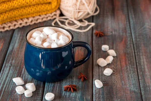 Hot chocolate or cacao in a blue mug with marshmallows on the ta — Stock Photo, Image