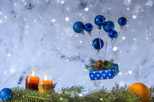 Christmas and new year card. Air balloon of Christmas toys and g — Stock Photo, Image
