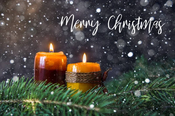 Merry Christmas postcard with candles, fir branches and snow — Stock Photo, Image