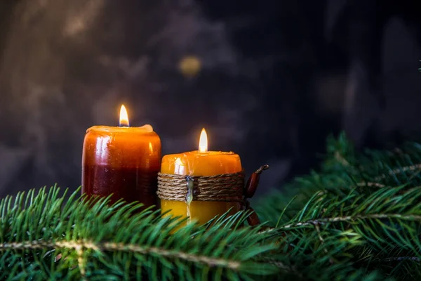 Christmas and new year card with candles and fir branches, copy — Stock Photo, Image
