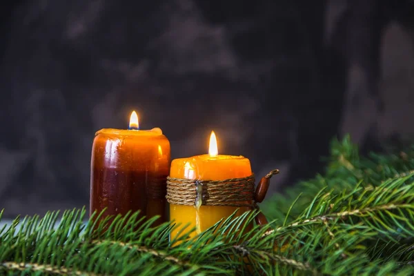 Christmas and new year card with candles and fir branches, copy — Stock Photo, Image