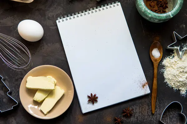 Cake making. Cookies ingredients flour, egg, butter, baking powd — Stock Photo, Image