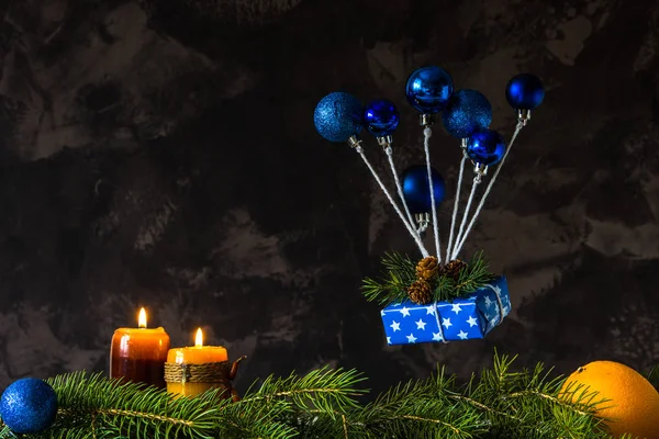 Christmas and new year card with blue toys like an air balloon — Stock Photo, Image
