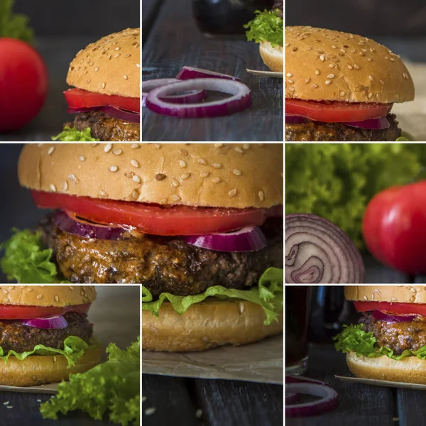 Koláž s domácí burger na tmavém pozadí dřevěná — Stock fotografie