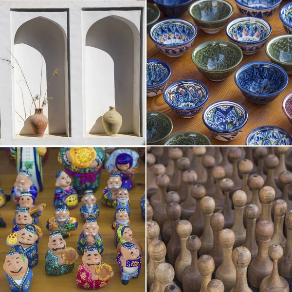 Collage de variados recuerdos y detalles nacionales en Uzbekistán —  Fotos de Stock