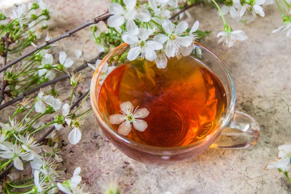 Çay ve kiraz çiçek ağacın