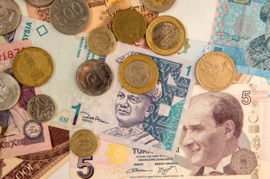 Birden çok ülkeye para. Banknot ve madeni paraların görünümü top