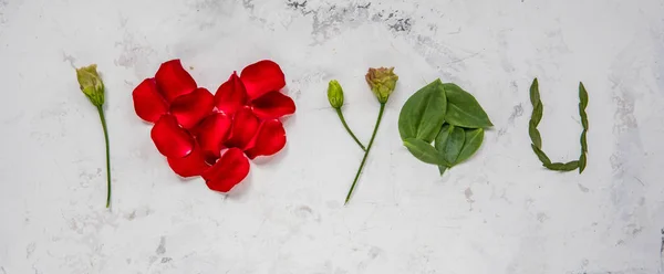 Te amo - hecho de flores, pétalos y hojas — Foto de Stock