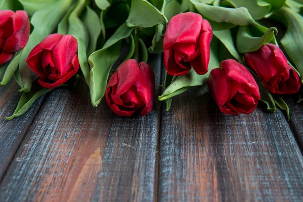 Bovenaanzicht van het rode tulpen met kopie vriendelij — Stockfoto