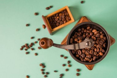 Kahve çekirdekleri bir el Kahve değirmeni bir ihale yeşil bac üzerinde