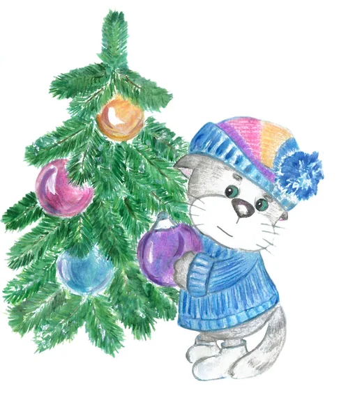 Kitty siert een kerstboom — Stockfoto