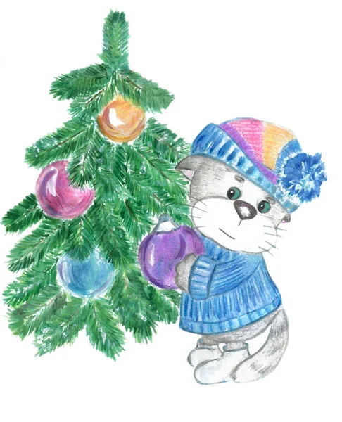 Kitty bir Noel ağacı süsle