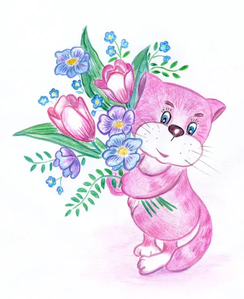 Roze kat met boeket bloemen — Stockfoto