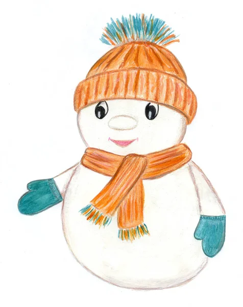 Muñeco de nieve en sombrero, bufanda y guantes —  Fotos de Stock